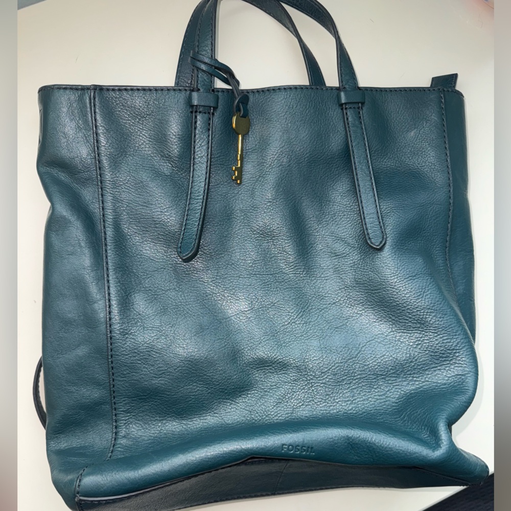 Fossil Teal Leather Tote Bag